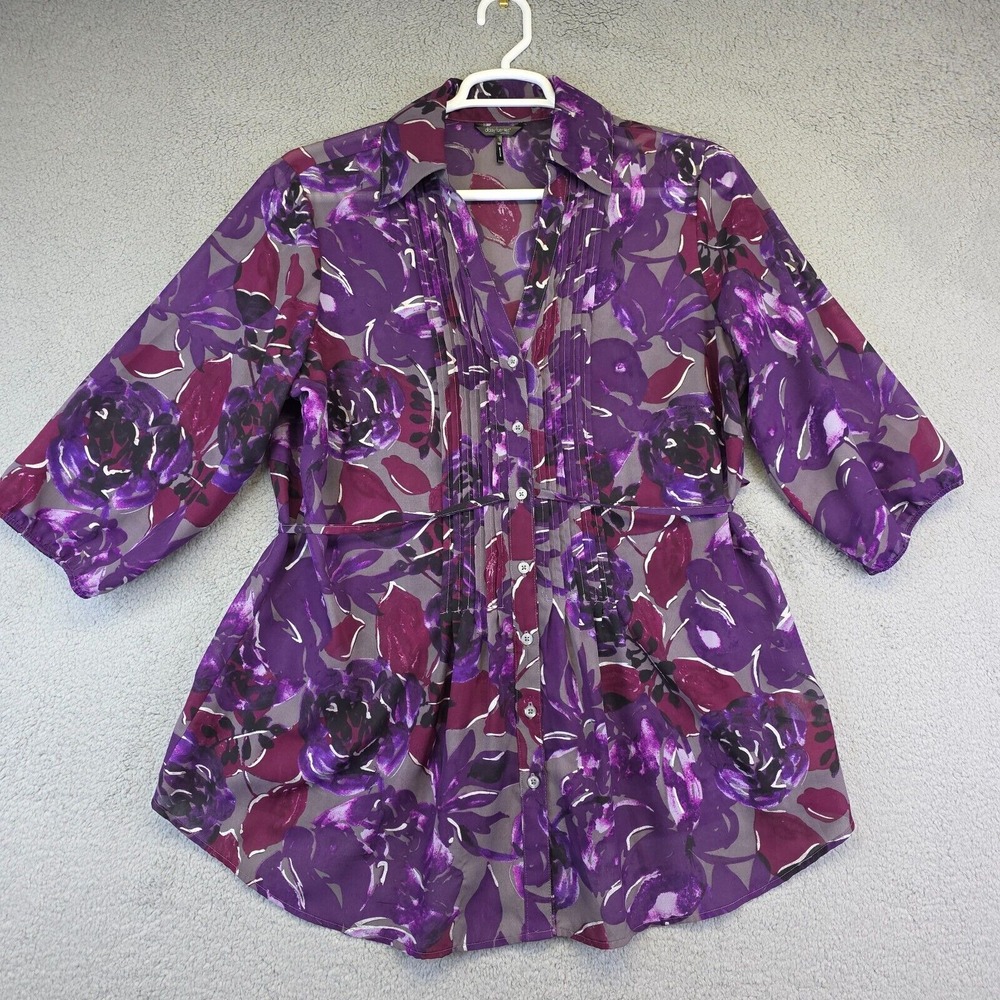 Daisy Fuentes Top Womens 1X‎ Purple Boho Pleated Button Floral Whimsigoth Sheer